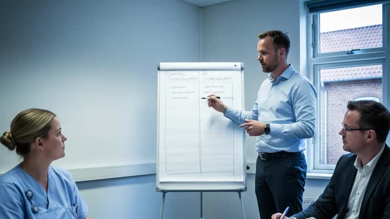 Tillidsrepræsentant forklarer sammenligning af Arbejdstidsloven og OK26 på whiteboard i mødelokale i Aarhus