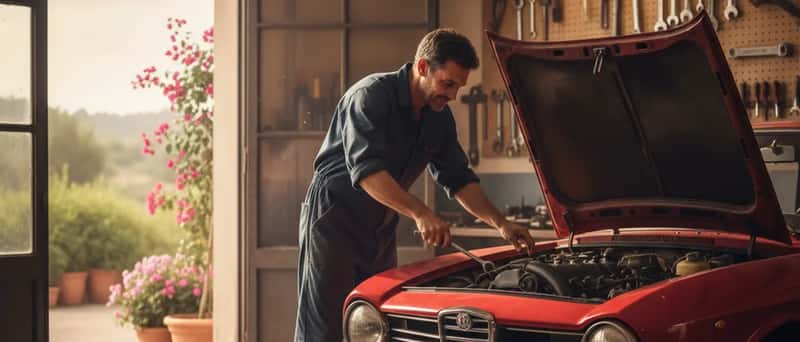 Meccanico italiano in tuta blu che ispeziona il motore di un'auto in una piccola officina illuminata dalla luce naturale
