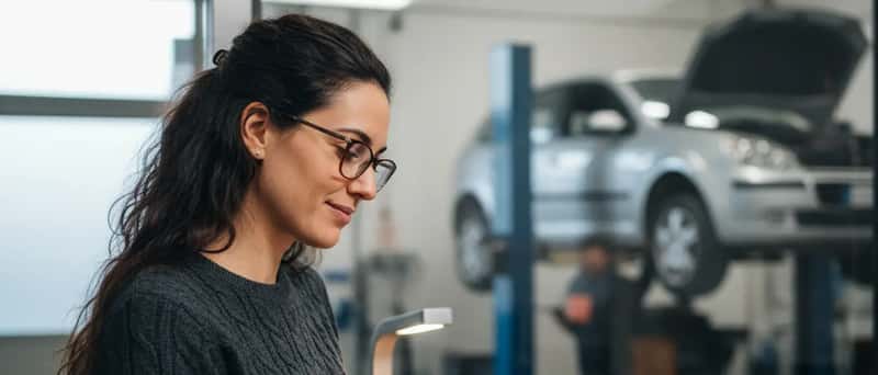 Donna italiana che esamina una fattura di riparazione auto al bancone di un'officina con occhiali da lettura