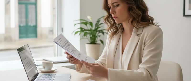Empresária portuguesa a analisar documentos jurídicos num escritório em Braga com portátil e contratos sobre a secretária