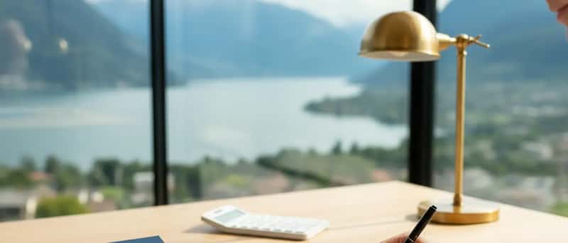 Hender som signerer en boliglånskontrakt ved et skrivebord med bankdokumenter og varmt skrivebordslampe-lys