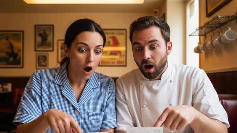 Two Wyoming restaurant workers comparing pay stubs in diner break room, fluorescent overhead light, mood of mutual wage discovery