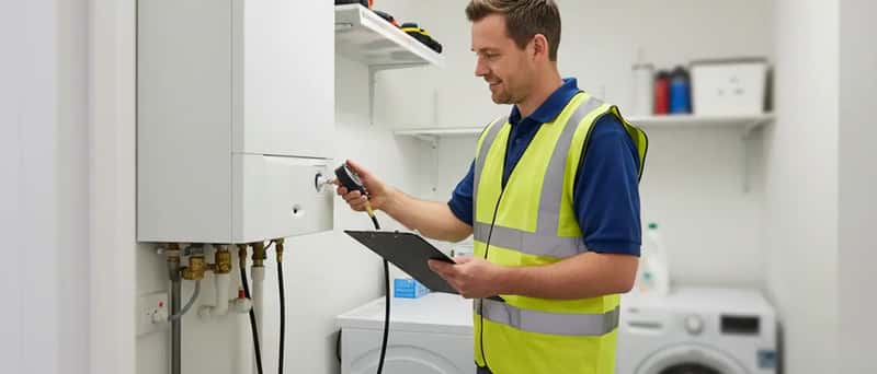 Professional plumber inspecting a wall-mounted combi boiler in a British home utility cupboard