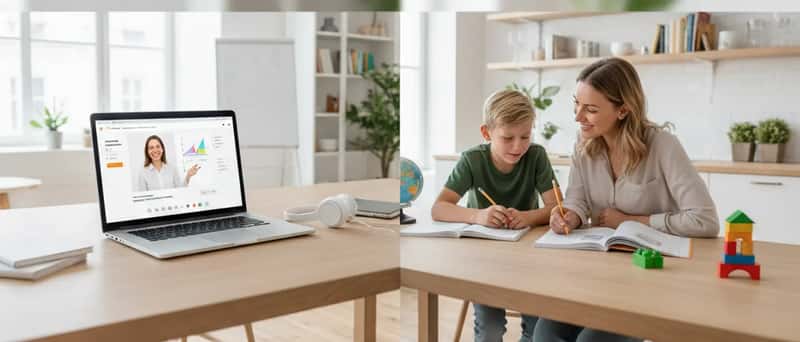 Jämförelse mellan online-lektion på laptop och fysisk privatlektion vid köksbord i svensk hemmamiljö