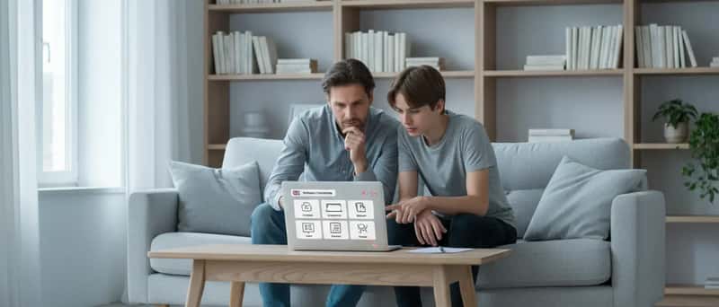 Förälder och tonåring granskar plattformar för privatlektioner online på en laptop i ett svenskt vardagsrum