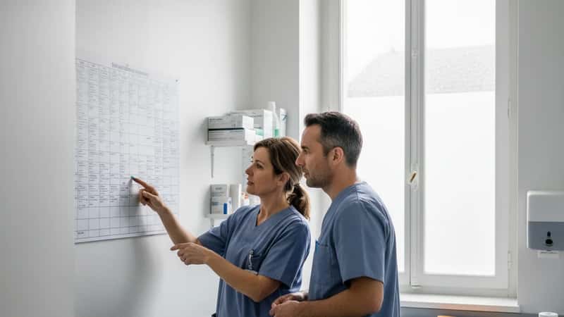 Sjuksköterskor på Linköping University Hospital diskuterar schemaläggning framför en tjänstgöringstavla i ett medicinrum, dagsljus genom frostat glas