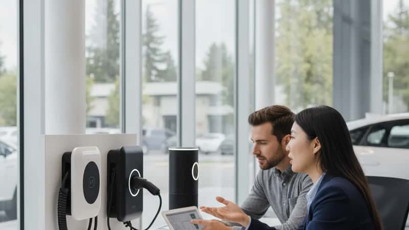 A female sales consultant in a Vancouver car dealership showroom explaining EV charging options to customers, with Level 2 charger models on display