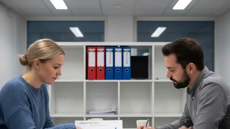 To norske kolleger diskuterer lønnsstatistikk ved møtebord i Tromsø statsvirksomhet