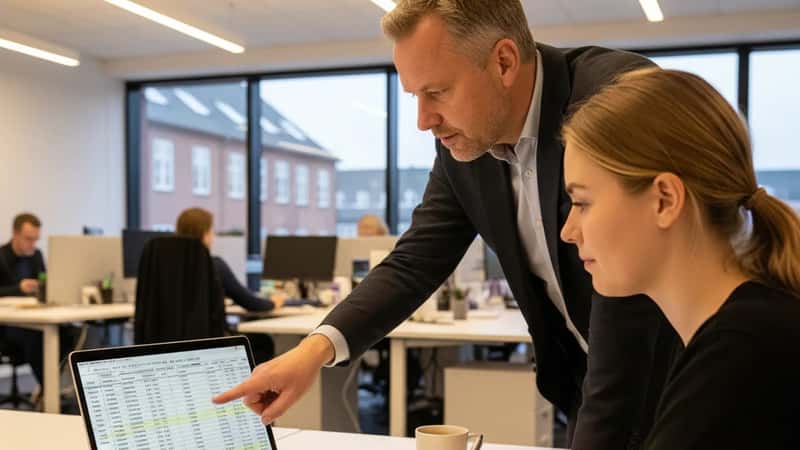 HR-chef og akademiker diskuterer lønberegning under AC-overenskomsten 2026-2029 ved et kontorskrivebord i Aarhus med statistiktabeller på skærmen