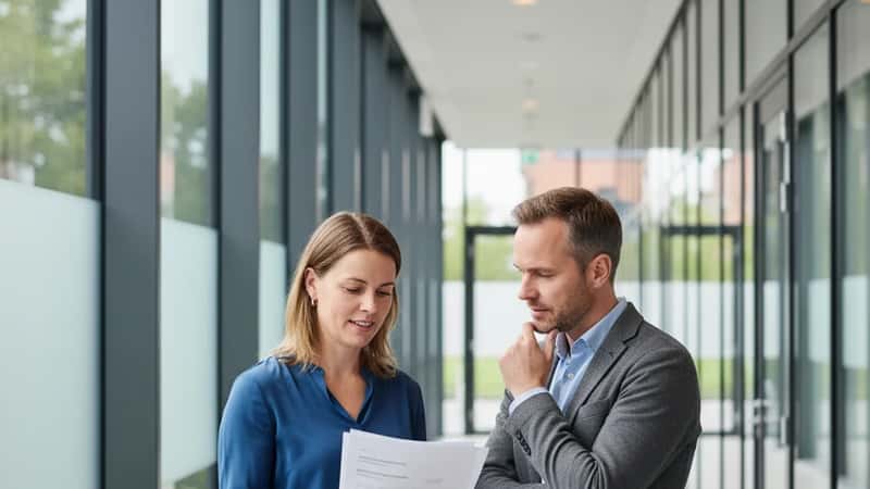 To danske akademikere i 30'erne diskuterer overenskomstpapirer i en glasgang ved Syddansk Universitet i Odense, diffust dagslys gennem glasvægge, kollegial stemning