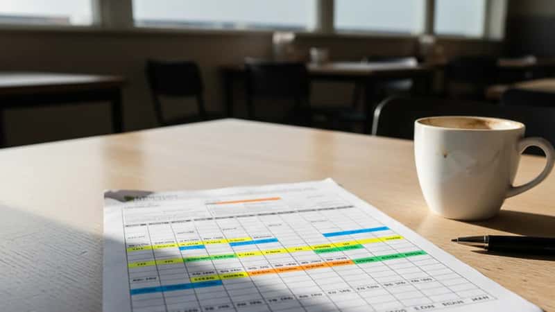 Ugentlig vagtplan for rutebuschauffører i farvekodet print på kantine-bord i Fredericia, kaffekoppen og pen i baggrunden