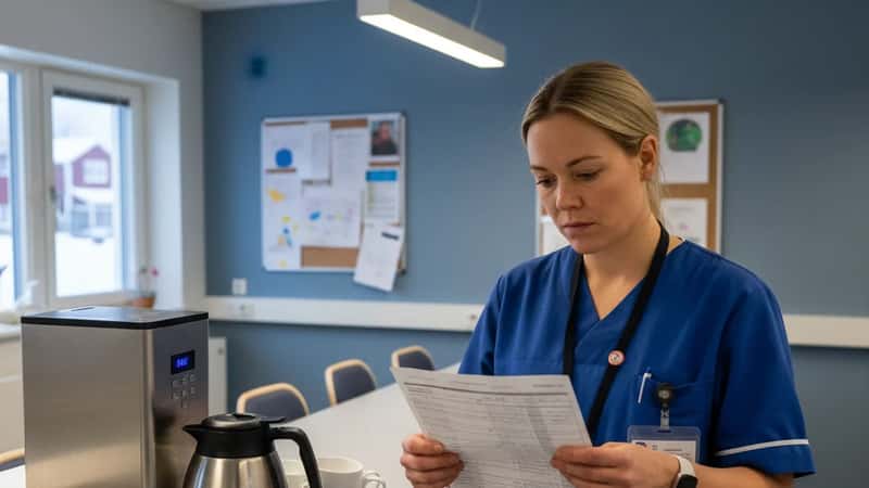 Norsk sykepleier i omsorgsbolig i Tromsø leser overtidsplan ved kaffemaskin i pauserom
