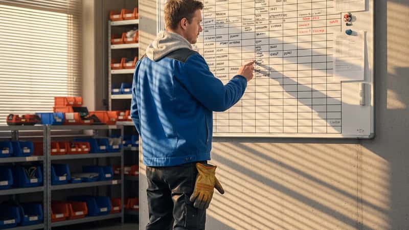 Kommunalt driftsansatt i Bergen sjekker skiftplan på veggmontert tavle i kommunalt depot