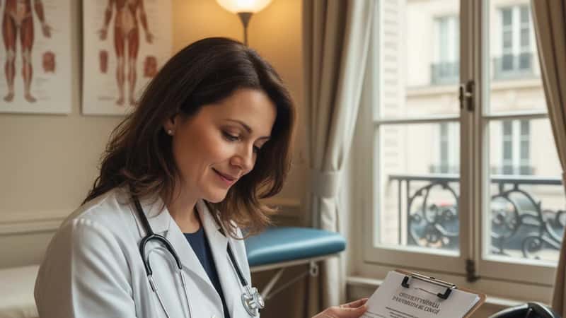 North Dakota primary care physician reviewing and signing a medical certification form in a Grand Forks clinic exam room, warm overhead light