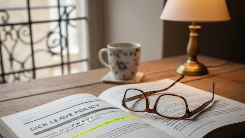 Employee handbook open to the sick leave policy section on a home desk with reading glasses, warm evening lamp light, intimate detail framing
