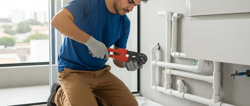 Canalizador profissional cortando tubo de PVC durante reforma de banheiro em apartamento brasileiro