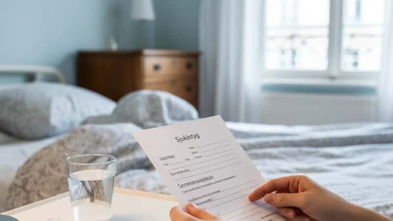 Sjukintyg och semesteransökan på ett sängbord i ett hem med varmt lampljus och händer som håller dokumenten