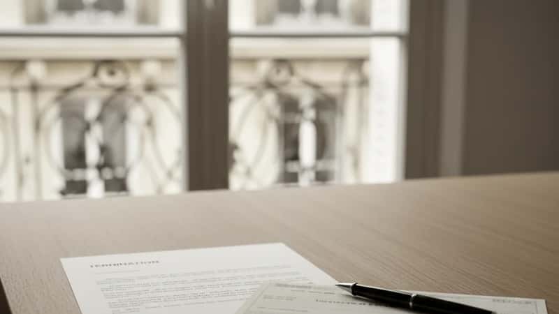 Termination letter next to a final paycheck on a desk in a New York HR office, natural light, pen nearby