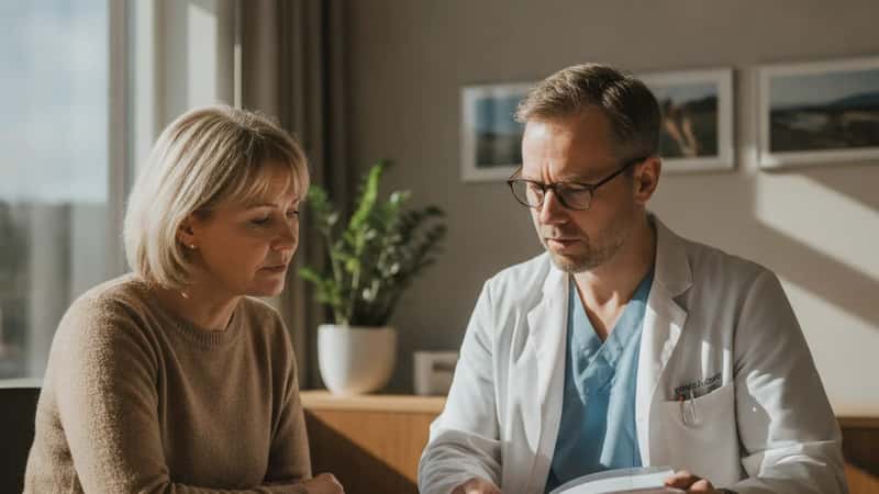 Lege og pasient gjennomgår medisinsk dokumentasjon i en konsultasjon på Stavanger sykehus