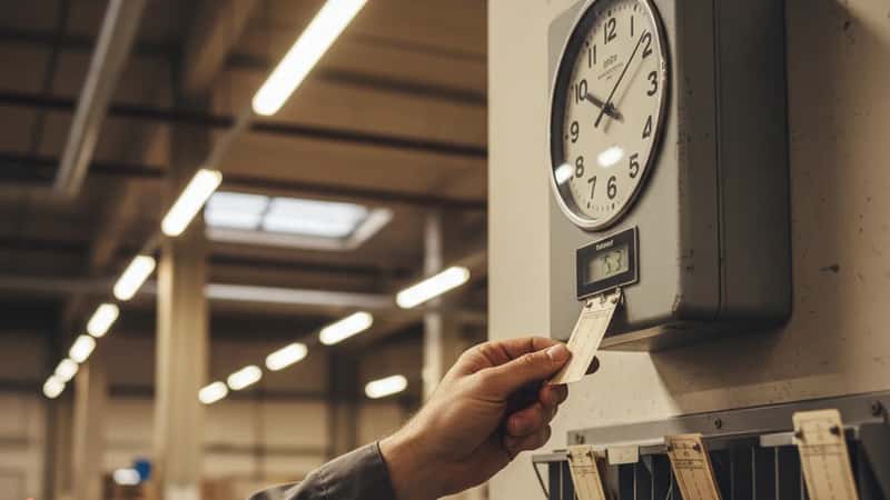 Worker inserting time card into a punch clock on a warehouse wall in New York, fluorescent industrial lighting, rows of time cards visible in the rack