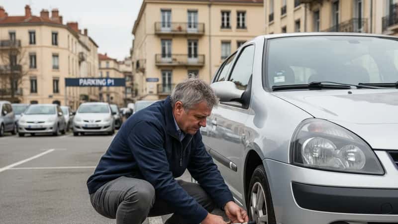 Homme vérifiant la pression des pneus de sa Renault Clio dans un parking de Lyon