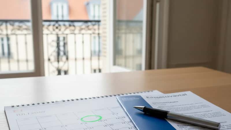 Semesterkalender med inringade lediga dagar och IT-avtalet TechSverige bredvid på kontor, ljus sommardag, planering av semester