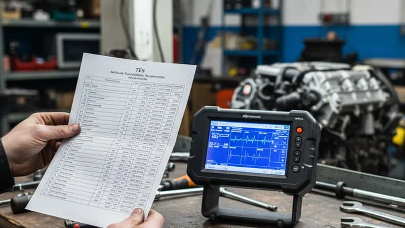 Suomalaisen automekaanikkon kädet pitävät TES-sopimuskirjaa vierekkäin diagnostiikkalaitteen kanssa autokorjaamon penkillä Tampereella