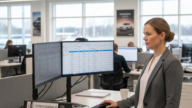 HR-johtaja Turussa tarkastaa autoalan TES-palkkataulu-dataa dual-screen-workstationilla autoliikkeen avotoimistossa