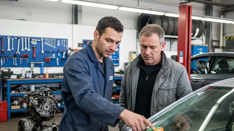 Mécanicien en blouse bleue montrant une vignette Crit'Air orange sur un pare-brise dans un atelier automobile à Grenoble