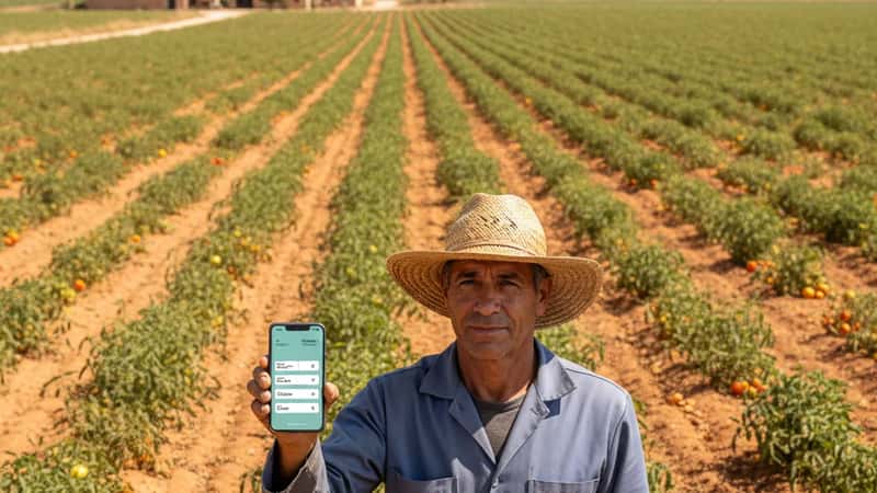 Agricultural worker in Florida checking wages on phone in tomato field — Immokalee, FL