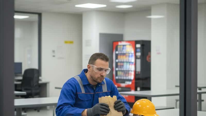 Factory worker in safety gear sitting in an Evansville Indiana break room during a lunch period