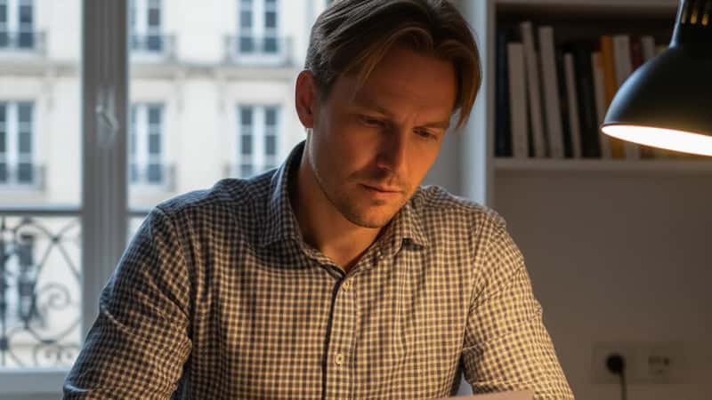 Svensk anställd granskar lönespecifikation med OB- och övertidsposter på skrivbordet hemma