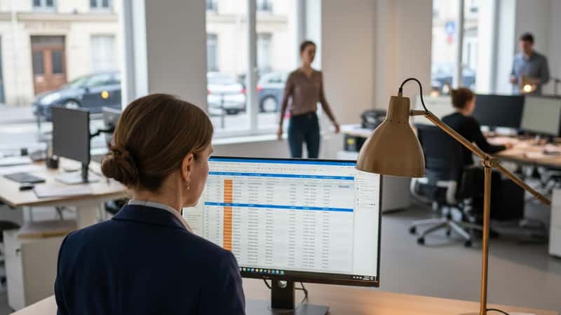HR-chef i Göteborg granskar lönerevisionsdokument vid stående skrivbord i kommunalt administrationskontor