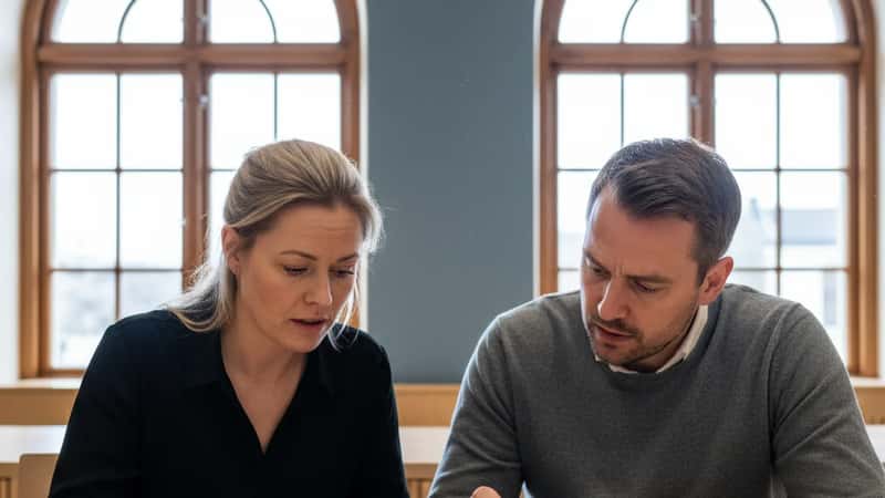 Norske fagforeningsmedlemmer sammenligner tariffavtaledokumenter i Stavanger fagforeningslokale