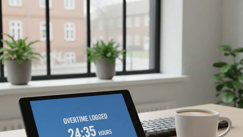 Tidsregistreringssystem på tablet i Aarhus tech-kontor viser overarbejdstimer og dokumentation