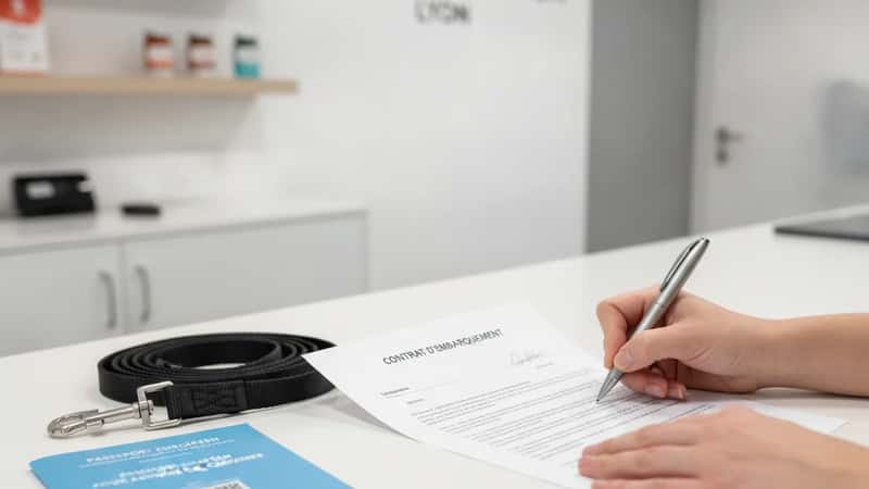 Mains signant un contrat de garde d'animal sur un comptoir de pension, avec carnet de santé vétérinaire et laisse posés à côté