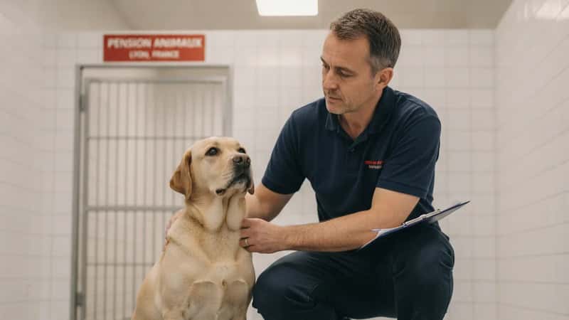 Gardien professionnel en polo marine accroupi auprès d'un labrador dans un box de pension animaux propre à Lyon, carnet de notes à portée de main