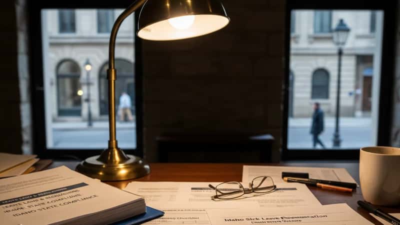FMLA eligibility checklist and ADA interactive process documentation on an HR desk in a Boise Idaho industrial company, compliance planning materials