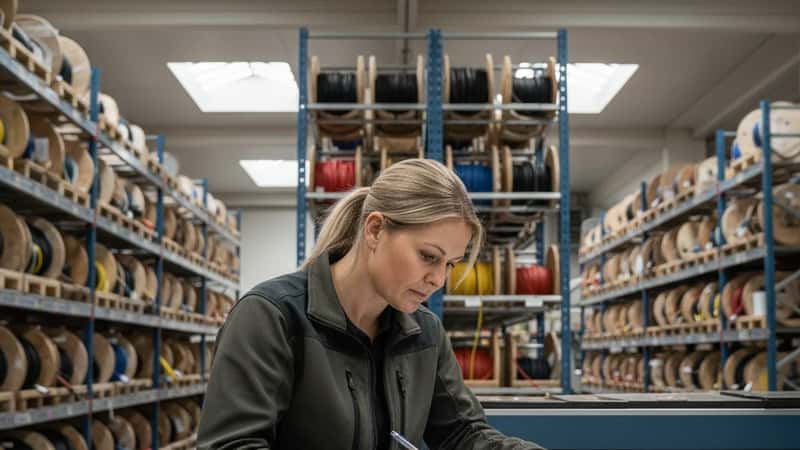 Elektriker i Stavanger studerer en tariffavtale ved et arbeidsbord i et elektrisk lagerlokale med kabelruller i bakgrunnen