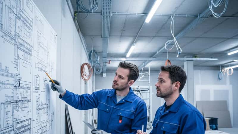 To elektrikere i Stavanger konsulterer et koblingsskjema på veggen inne i et kontorbygg under renovering
