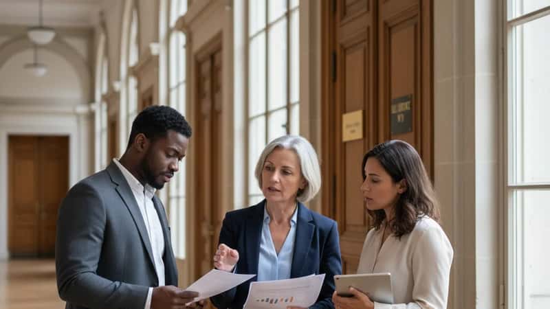 Group of workers and attorneys reviewing employment documents in a Meridian Mississippi courthouse hallway
