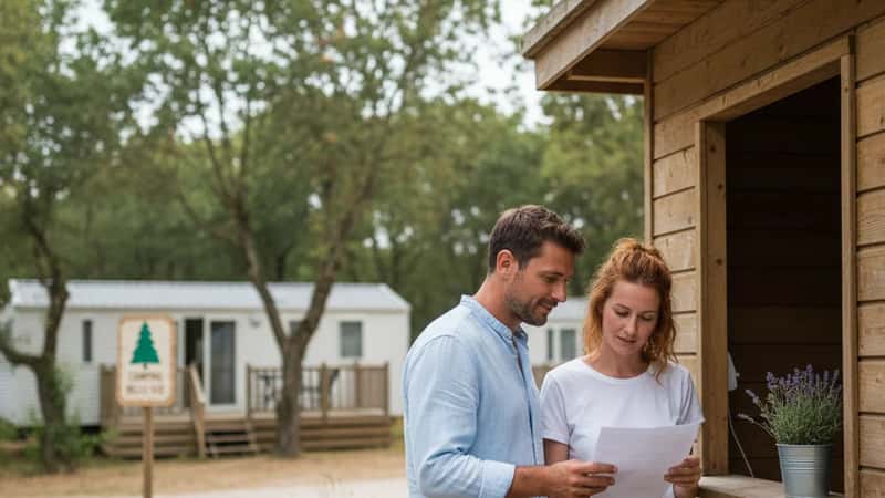 Responsable RH d'un camping en Languedoc consultant des contrats saisonniers à la réception, lumière dorée d'après-midi