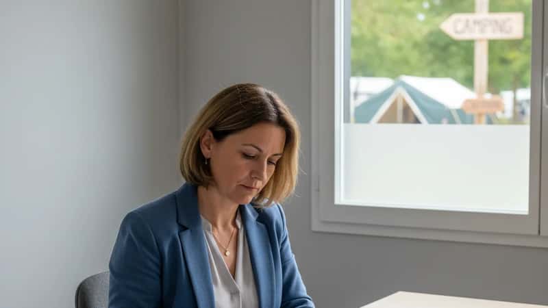 Directeur RH d'un parc de loisirs en Provence consultant une convention collective sur son bureau, lumière naturelle latérale