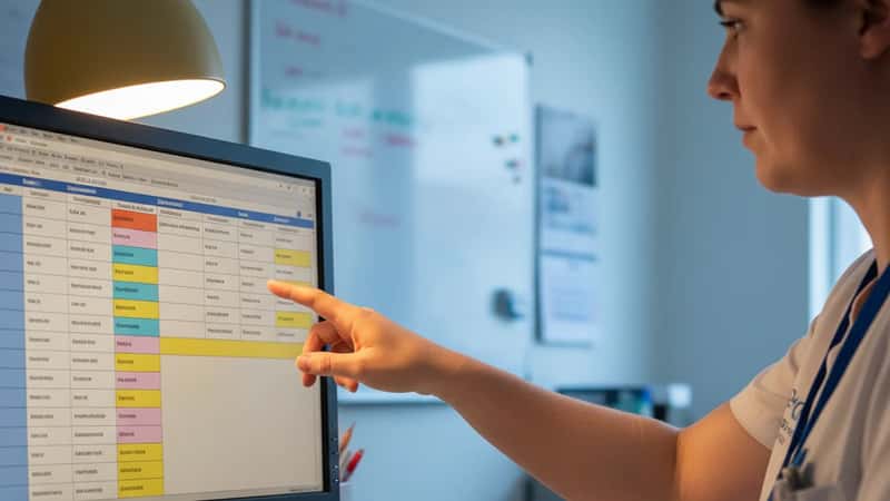 Kommunal bioanalytiker i hvid laboratoriefrakke studerer vagtplan ved stålbænk på Odense Universitetshospital