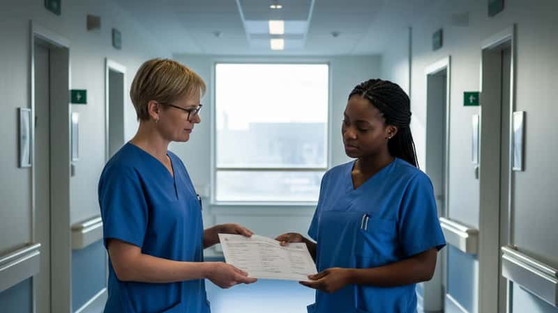 To bioanalytikere i blå medicinske scrubs udveksler laboratorierapport ved hospitalsgangsdør i Odense