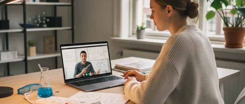 Leerling werkt aan scheikunde-opgaven met een laptop tijdens online bijles