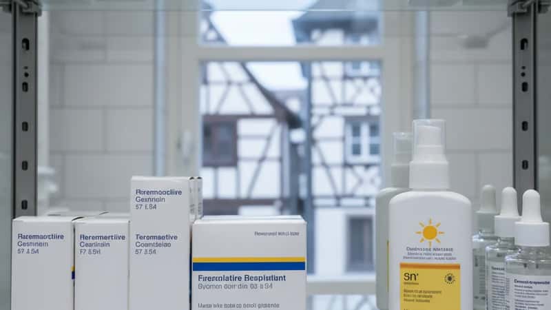 Armoire à médicaments avec boîtes et crème solaire côte à côte à Strasbourg, gestion des médicaments en été