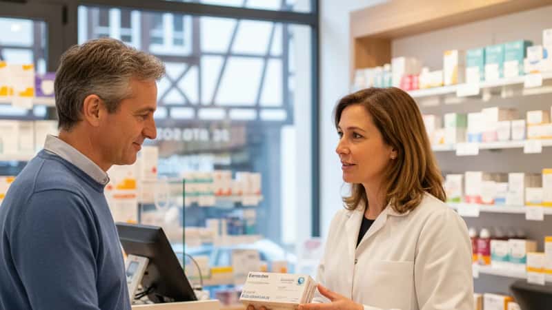 Pharmacienne à Strasbourg conseillant un patient sur la conservation de ses médicaments en été