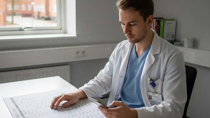 Yngre dansk reservelæge planlægger vagter med 4-ugers kalender på hospitalkontor i Aarhus