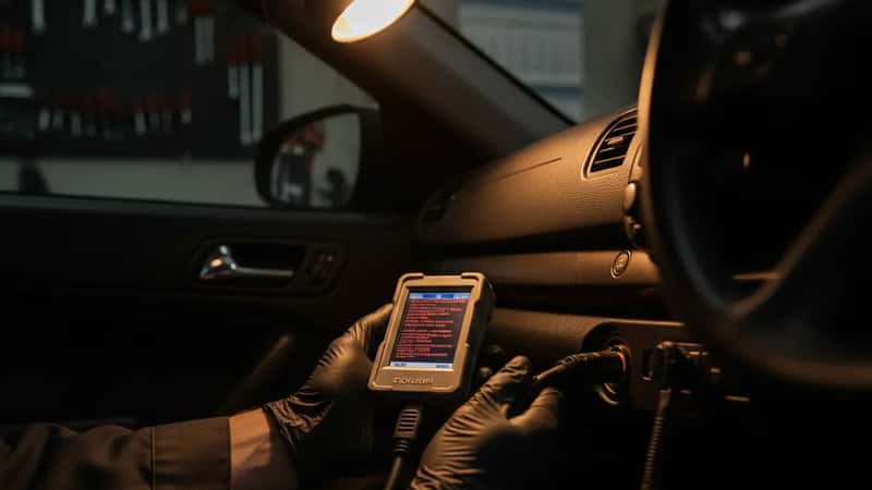 Un mécanicien en gants connecte un scanner OBD-II au port de diagnostic d'une voiture dans un atelier de Grenoble